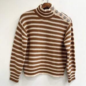 J Crew Mockneck Cable Knit Pullover Sweater In Stripe Jewel Buttons BM301 Medium